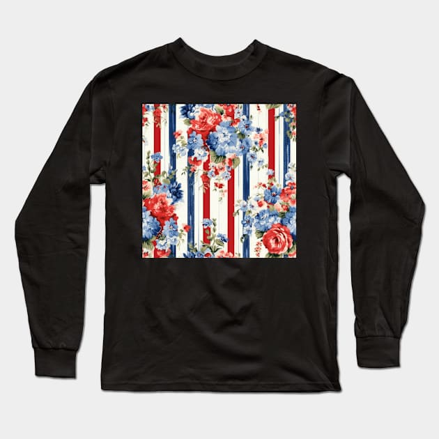 Red White and Blue Patriotic Shabby Floral Long Sleeve T-Shirt by VintageFlorals